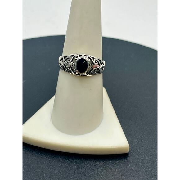 SU Vintage Sterling Silver THAILAND Women Black Onyx Scroll Filigree Ring Sz 8.5 - Picture 9 of 11